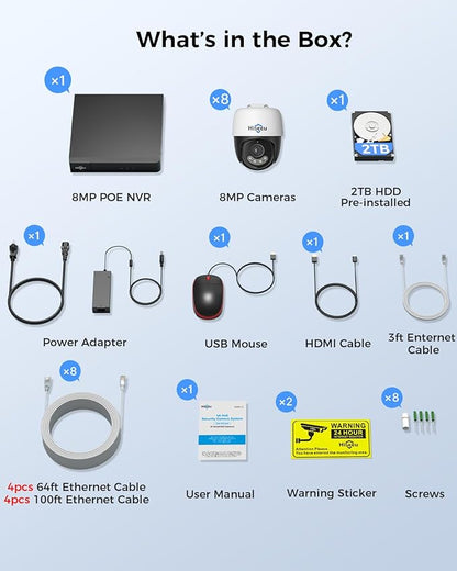 [4K+360° View] Hiseeu 4K PoE Security Camera System, 8Pcs 8MP PoE PTZ Wired Camera Outdoor, Human Vehicle Detect, 2-Way Audio, Color Night Vision, 16CH Expandable, 2TB HDD for 24/7 Home Surveillance
