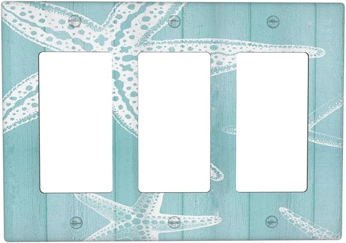 Decorative Outlet Covers Starfish Teal Wood Board Nautical 3 Gang Light Switch Cover Plate Triple Rocker Wall Plates for Electrical Outlets Switch Plate Covers for Bedroom Home Decor