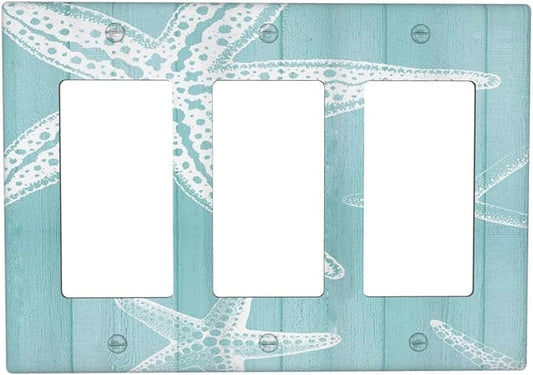 Decorative Outlet Covers Starfish Teal Wood Board Nautical 3 Gang Light Switch Cover Plate Triple Rocker Wall Plates for Electrical Outlets Switch Plate Covers for Bedroom Home Decor