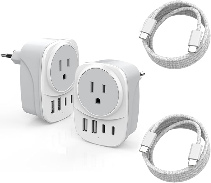 European Travel Plug Adapter,Universal Travel International Power Adapter 2 USBC Port and 2 USBA Port,Fast Charging USB C-C Woven Cable,USB C Power Plug for US to Europe Adapters for Multiple Devices