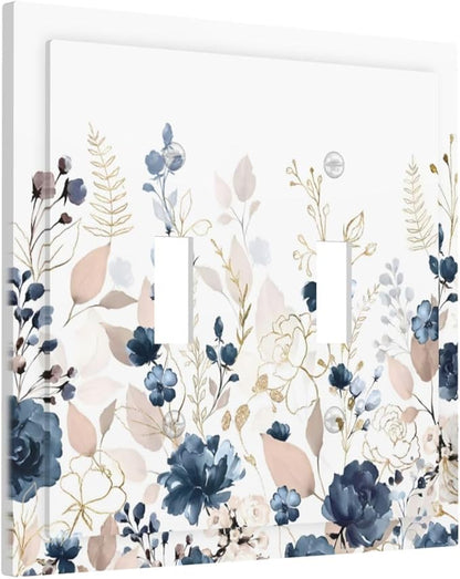 Blue Flora Boho Vintage Flower Golden Leaves Decorative Switch Plates 2 Gang Double Toggle Outlet Light Switch Cover Wall Plate Electrical Faceplate for Bedroom Living Room Decor
