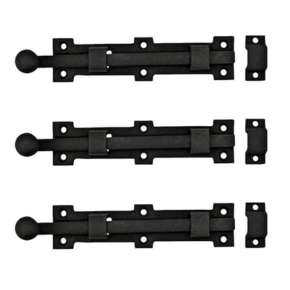 Renovators Supply Manufacturing Slide Bolt Latch 8 3/4 in. Black Wrought Iron Ball Tip Style Slide Bolt with Mounting Hardware Pack of 3
