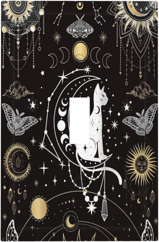 White Cat Tarot Moon Phases Moth Celestial Gothic Decorative Light Switch Cover 1 Gang Single Toggle Device Electrical Faceplate Switchplates Decorator Outlet Wall Plate for Kids Room Bedroom Decor