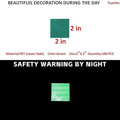 Non Fading Green Reflective Stickers 2 inch X 2 inch, Outdoor Waterproof High Visibility Warning Safety Adhesive Reflector Tape (100 Pcs)