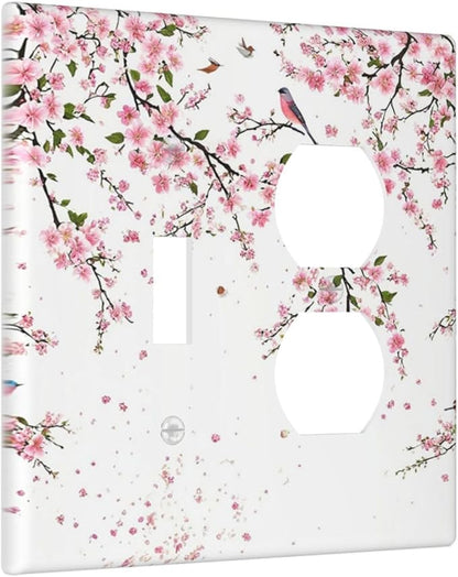 Decorative Outlet Covers Rustic Plum Blossom Pink Flowers 2 Gang Wall Plate Single Toggle Duplex Light Switch Cover Switch Plate Covers Faceplate for Home Bedroom Decor