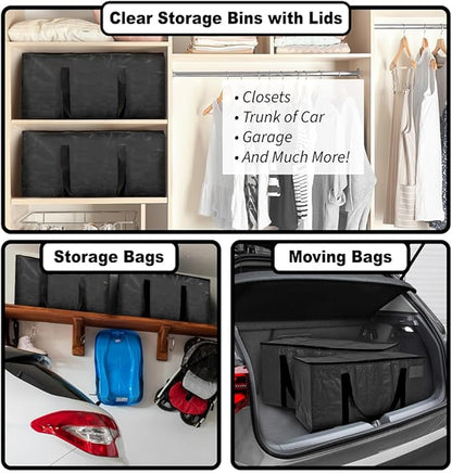 ClearSpace Heavy Duty Moving Bags or Storage Bags – Black Storage Bins with Lids, Large Moving Boxes with Backpack Straps & Zippers,– Packing Box & Moving Supplies for College Dorm, 4 Pack