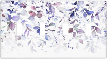 Purple Eucalyptus Watercolor Floral Rustic Leaf Light Switch Covers Quad Toggle Electrical Faceplate 4 Gang Wall Plate Decorative Switch Plates for Farmhouse Home Decor