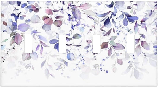 Purple Eucalyptus Watercolor Floral Rustic Leaf Light Switch Covers Quad Toggle Electrical Faceplate 4 Gang Wall Plate Decorative Switch Plates for Farmhouse Home Decor