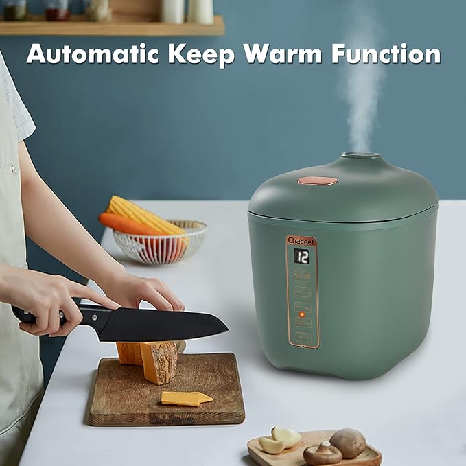 CHACEEF Mini Rice Cooker 2 Cups Uncooked, 1.2L Rice Cooker Small, Portable Non-Stick Small Travel Rice Maker, BPA Free, Smart Control Multifunction Cooker with 24 Hours Timer Delay & Keep Warm Function, Green