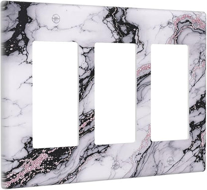 Light Switch Covers White Marble Pattern Black Lines Pink Lines 3 Gang Rocker Electrical GFCI Decorative Triple Outlet Wall Plate Cover Switchplate for living Room Office Decor