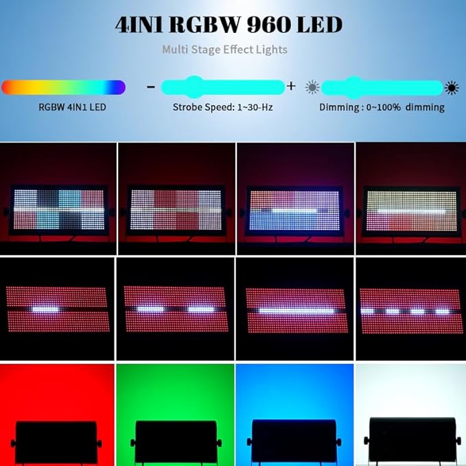 MINGJIE 500W LED Stage Strobe Wash Light with 960 LEDs RGBW 12 Colors, DMX512/Sound Activated/Auto/Master-Slave Modes, Metal Housing for DJ Disco Party Wedding Church Bar Stage Lighting (1PC Light)