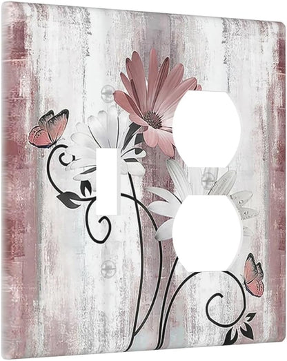 Wallplates Pink White Daisy Butterfly Wood Grain 1 Toggle 1 Duplex Switch Plate Electrical GFCI Faceplate Decorative Light Switch Covers for Farmhouse Bathroom Decor