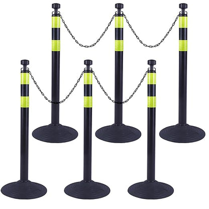6 Pack 39 Inch Black Traffic Delineator Posts with 2 Green Reflective Stripes, Safety Posts Cones with 6.6 Feet Chains and 14 Inch Rubber Base for Road Safety,Parking Lot (Black)