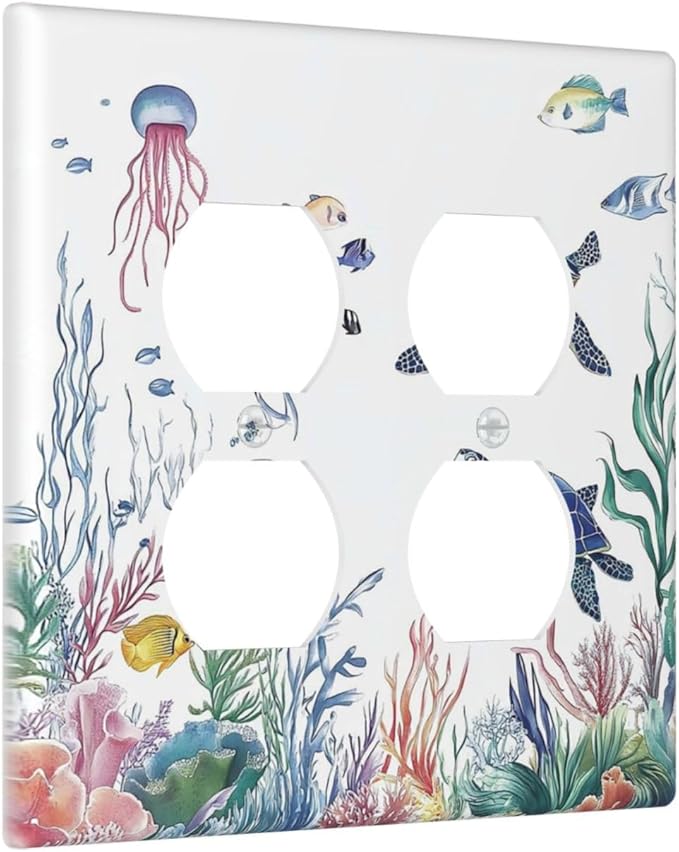 Blue Sea Turtle Ocean Fish Octopus Coral Outlet Covers 2 Gang Double Duplex Decorative Light Switch Covers Electrical Wallplates Socket Faceplate For Bathroom Kids Room Decor