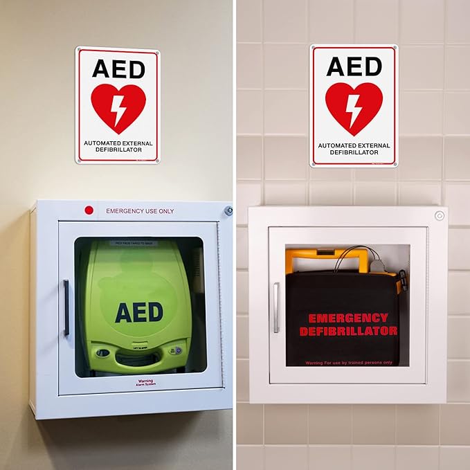 T&R AED Sign - 2 Pack - 10 x 7 Inches Rust Free .040 Aluminum -Reflective, UV Protected, Waterproof, Weatherproof and Fade Resistant - 4 Pre-drilled Holes