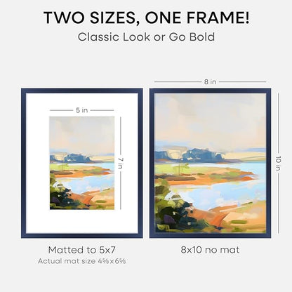 Homeforia 8x10 Picture Frame Navy Blue, High End Metal 8 x 10 Poster Frames with Mat 5 by 7 Print, 10x8 Thin Frame Matted to 7x5 Photo, 8by10 Wall or Tabletop Frame, Tempered Glass, Wall Kit, Set of 1