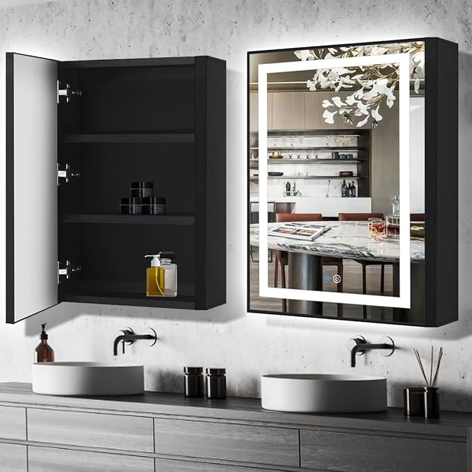 20 x 30 Inch Black Medicine Cabinet Mirror with Lights 3 Color Anti-Fog 30 Inch Bathroom Lighted Medicine Cabinet with Mirror and Light Led Medicine Cabinet Mirror with Storage for Bathroom