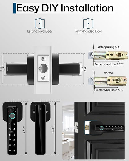 5-in-1 Smart Fingerprint Door Lock,Keyless Entry Digital Knob, Bluetooth App Control, Card and Key, Biometric Door Knob with Handle, Easy to Install for Exterior, Interior, Bedroom Doors