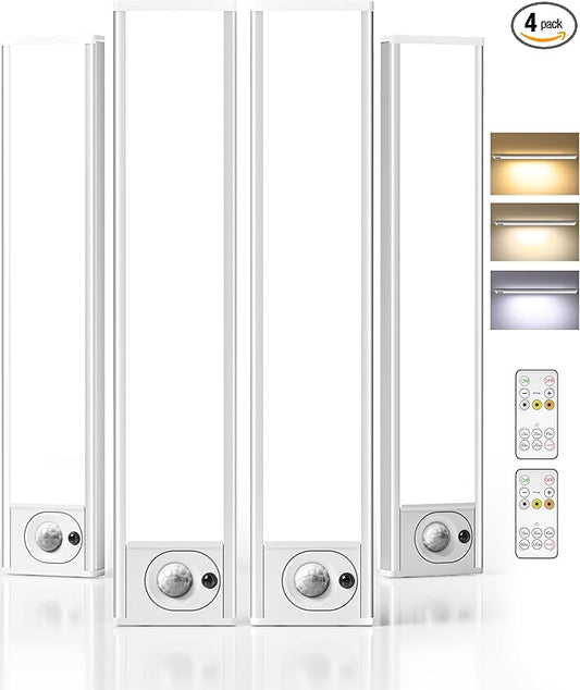 4Pack 7.8inch Under Cabinet Lighting, Rechargeable Motion Sensor Light Wireless Indoor, Dimmable 3 Color Temps Closet Lights with Remote, Under Counter Lights for Kitchen, Stairs, Bookshelf