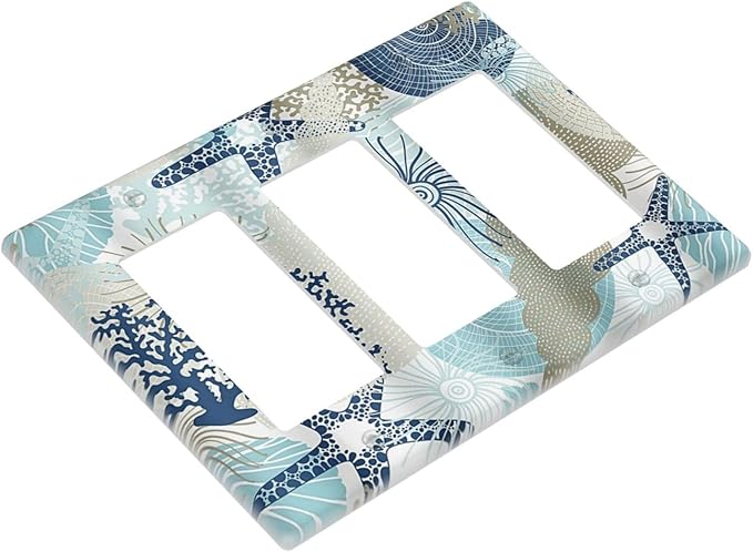 Decorative Outlet Covers Blue Starfish Brown Coral Ocean 3 Gang Light Switch Cover Plate Triple Rocker Wall Plates for Electrical Outlets Switch Plate Covers for Girlroom Home Decor