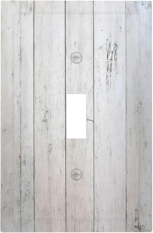 Rustic White Grey Wood Grain Decorative Light Switch Cover 1 Gang Single Toggle Decorator Outlet Wall Plate Device Electrical Faceplate Switchplates for Bedroom Bathroom Decor