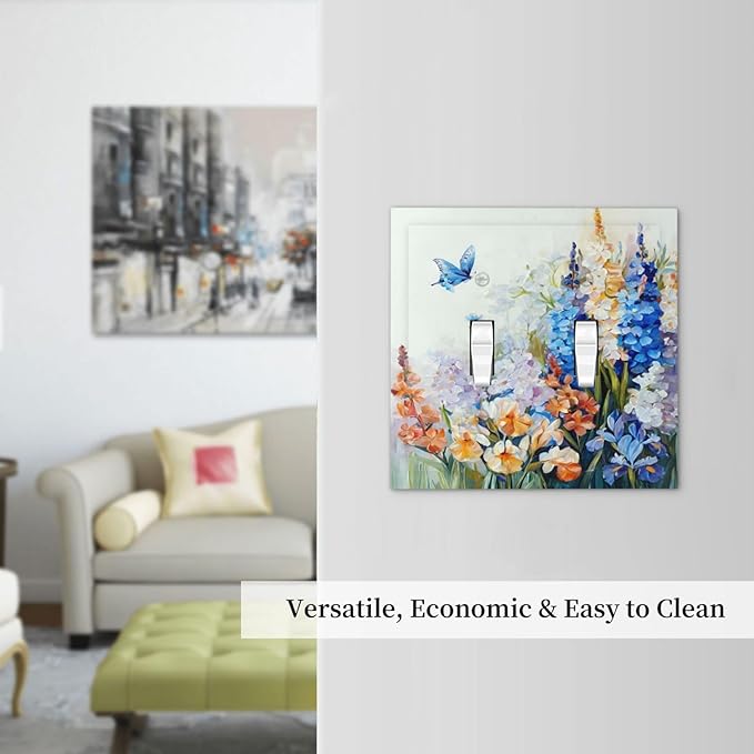 Decorative Light Switch Plate Covers Rustic Colorful Floral Garden Flowers 2 Gang Light Switch Cover Plate Unique Double Toggle Wall Plate Outlet Covers Faceplate for Bedroom Home Decor