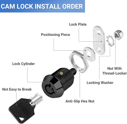 Cam Locks RV Storage Keyed Alike, 5/8" Fits 3/8" Max Door Thickness, Compartment Locks for Camper Trailer Cabinet With Keys (Black, 6 Pack)