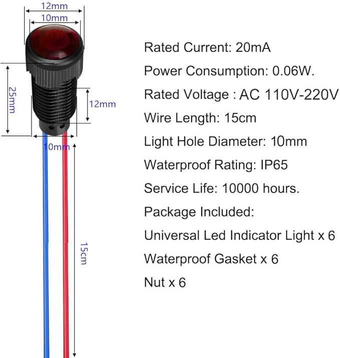 6pcs Red LED Indicator Pilot Light 110VAC Mounting Hole Size 10mm(Flame Retardant Plastic Shell)