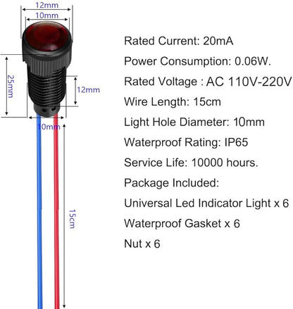 6pcs Red LED Indicator Pilot Light 110VAC Mounting Hole Size 10mm(Flame Retardant Plastic Shell)