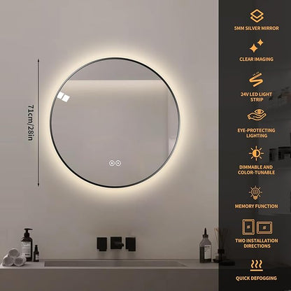 Round LED Bathroom Mirror with Gold Frame, 24V Backlight, 3 Color Temperatures, Dimmable, Memory Function, Defogging (Black Border, 28" L x 28" W)