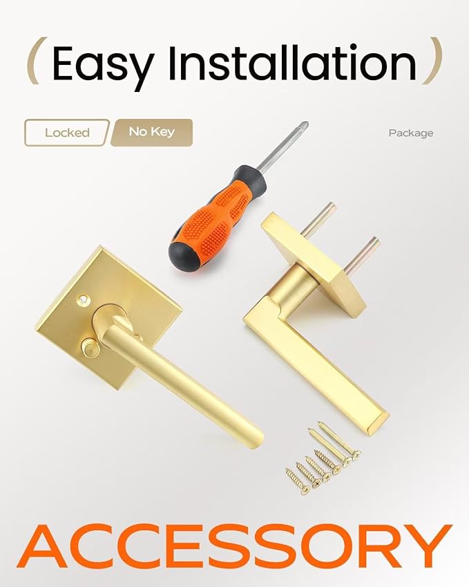 Leydebong 3 Pack Gold Door Handle Heavy Duty, Keyless Door Knob Reversible Square Door Lever for Bedroom, Bathroom and Rooms