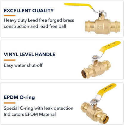 1/2" Press propress Ball Valve with EPDM O-Ring 1/4-Turn Full Port Shut Off Stop Valve for Copper Tubing Connection LF Brass 10PCS