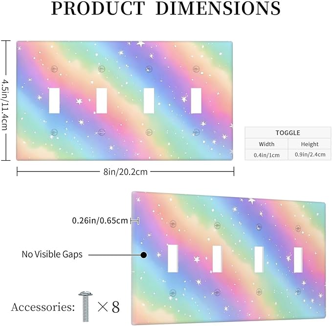 Decorative Light Switch Cover Plate Pink Blue Purple Iridescent Rainbow 4 Gang Wall Plates for Electrical Outlets Quad Toggle Switch Plate Covers Outlet Covers Faceplate for Bedroom Decor