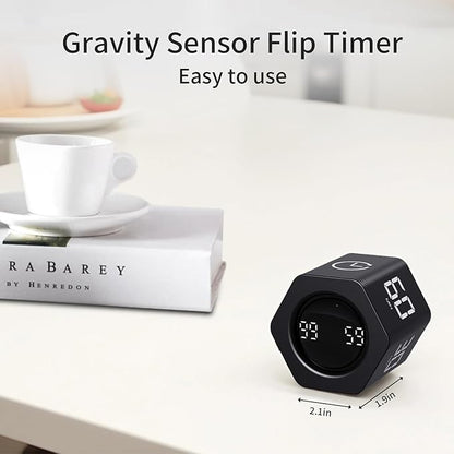 Productivity Timer Flip Gravity Sensor Pomodoro Cube Timer Countdown & Countup,1/5/10/30/60min Preset & Custom Timing, Mute/Vibrate/Sound for ADHD,Work,Study,Kitchen(1, Black Hexagon)
