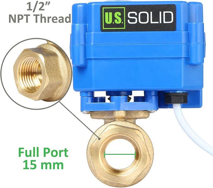 U.S. Solid Motorized Ball Valve- 1/2" Brass Ball Valve with Full Port, 9-24V AC/DC and 2 Wire Auto Return Setup