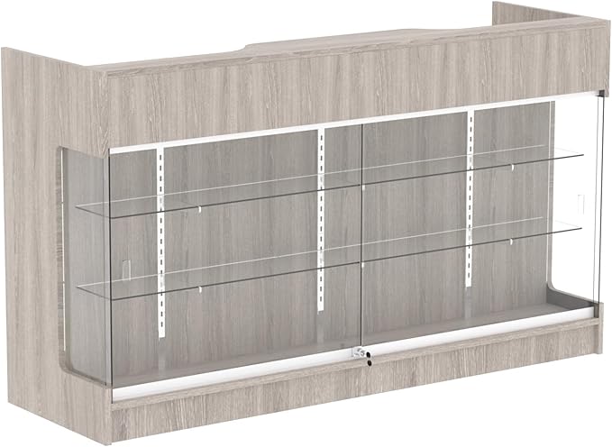 Ledgetop Checkout Counter with Glass Showcase View Front, Black Wooden Cash Register Stand with Showcase,Retail Glass Display Cabinet Counter (Gray Wood Grain, 72 in)