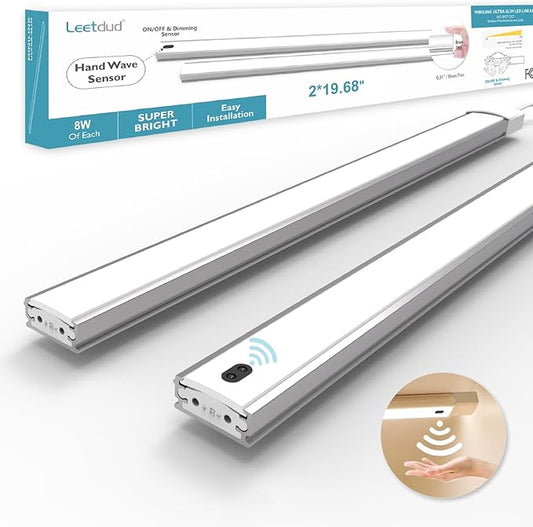 Hand Wave Under Cabinet LED Lighting Plug in, 20 Inch 2 Pcs Dimmable Linkable Ultra Thin Aluminum Alloy Housing, 4000K Natural White Motion Sensor Counter Lights for Kitchen, Shelf, Cupboard