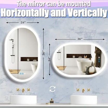 36 x 24 Inch Oval Backlit Mirror 3 Color Adjustable Brightness Backlits Oval Lighted Vanity Mirror for Bathroom Wall Horizontal Vertical Mount Antifog 36" Frameless LED Backlit Ovals Mirrors