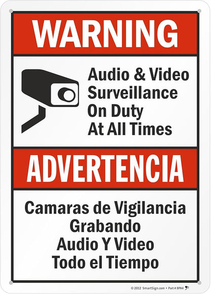 SmartSign-S-9392-AL-14 Warning - Audio & Video Surveillance On Duty At All Times Bilingual Sign By | 10" x 14" Aluminum - Black/Red on White