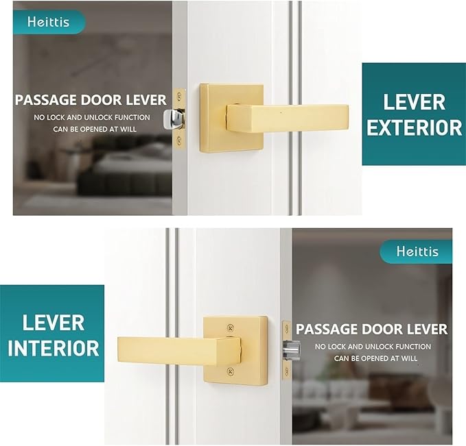 6 Pack Passage Door Lever Square Gold Door Handles in Stain Brass,Contemporary Modern Design Door Lock for Hall or Closet