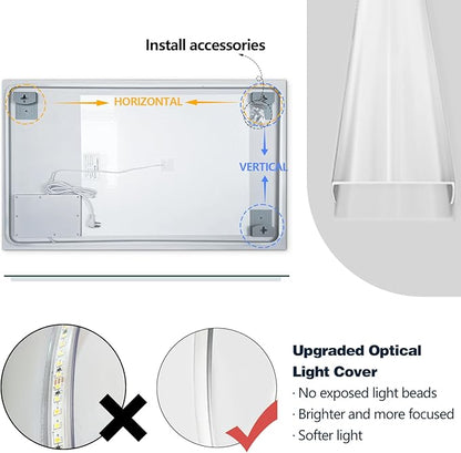 Niccy Led Mirror for Bathroom, 40"x24" Frameless Backlit Mirror for Wall Lighted Mirror with Bedroom 3 Color, Defogger, Explosion-Proof, HD Glass and IP65 Vanity Mirror Horizontal or Vertical