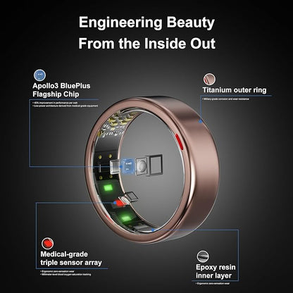 Smart Ring for Women Men- Sleep/Fitness/Stress/Heart Rate Tracker- Menstrual Records - 5 Days Battery Life - Wireless Charging - No APP Subscription - iOS & Android Compatible(Rosegold,Size 7)