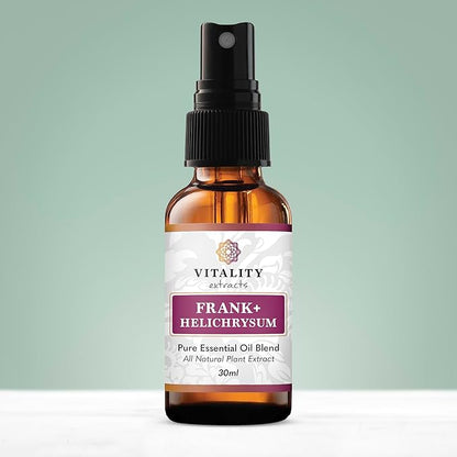 Vitality Extracts Frank+ Helichrysum Essential Oil Blend - 30ml Spray Bottle, Frankincense Boswellia Seratta, Aromatherapy, Soft Skin, Relief from Daily Aches & Soreness, Natural