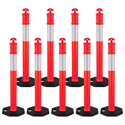 VEVOR 9 Pack Traffic Delineator Posts, 48 inches Traffic Safety Cones with Weighted Base and Reflective Strips, Heavy Duty Delineator Posts for Construction Site, Parking Lot, Crowd Control, Red