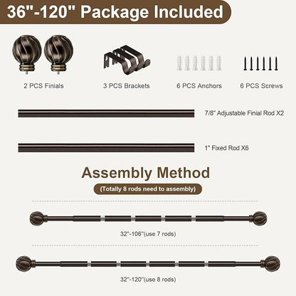 Brown Curtain Rods for Windows 66 to 120 Inch Long Adjustable Window Curtain Rod 7/8" Diamete Heavy Duty with Decorative Finials for Farmhouse Bedroom Living Room Kitchen Outdoor