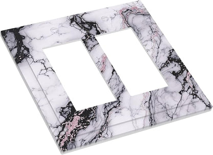 Decorative Outlet Covers White Marble Pattern Black Lines Pink Lines 2 Gang Double GFCI Rocker Electrical Wall Panels Light Switch Cover Plate for living Room Office Decor
