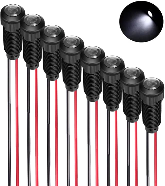 8pcs White LED Indicator Pilot Light AC/DC 12-24V Mounting Hole Size 8mm(Flame Retardant Plastic Shell)