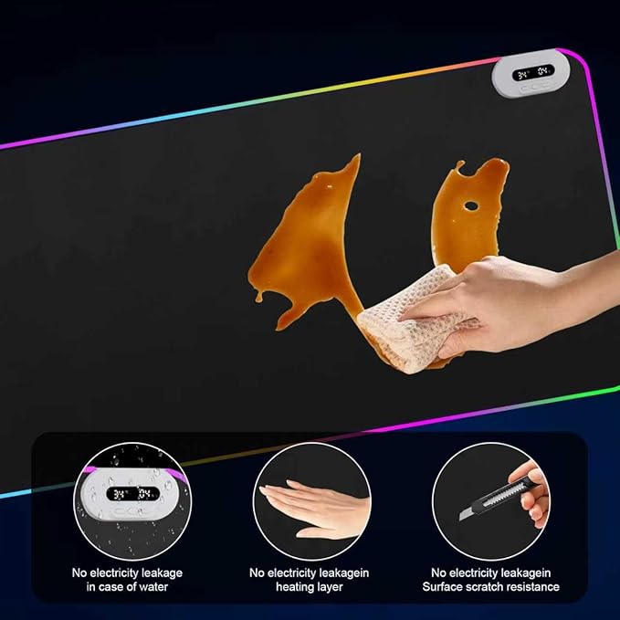 Heated Desk Pad Mouse Pad - Warm Desk Pad - 6-Level Temperature Adjustment, Smart Temperature Control & 8-Hour Timer Auto Shut-Off, LED Gaming Mouse P