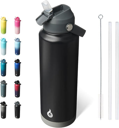 BJPKPK Insulated Water Bottle with Straw Lid, 40oz Large Thermo, BPA Free Leak Proof Stainless Steel Metal Water Bottles, Tumblers, Cups, Flasks for Travel, Sports,Black