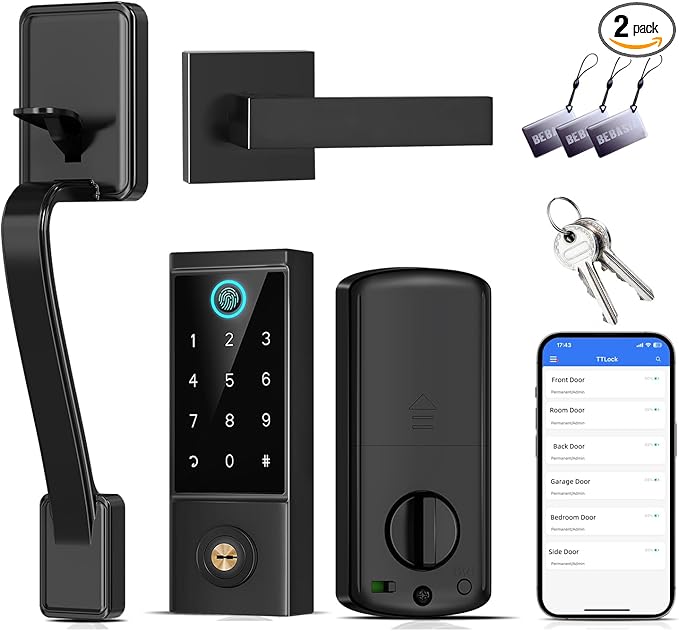 BEBASIA Heavy Duty Fingerprint Smart Door Lock for Front Door, APP Control Front Door Lock Sets, Auto Lock, Anti-Peeping Touchscreen Digital Keypad, Electronic Keyless Entry Deadbolt, Black